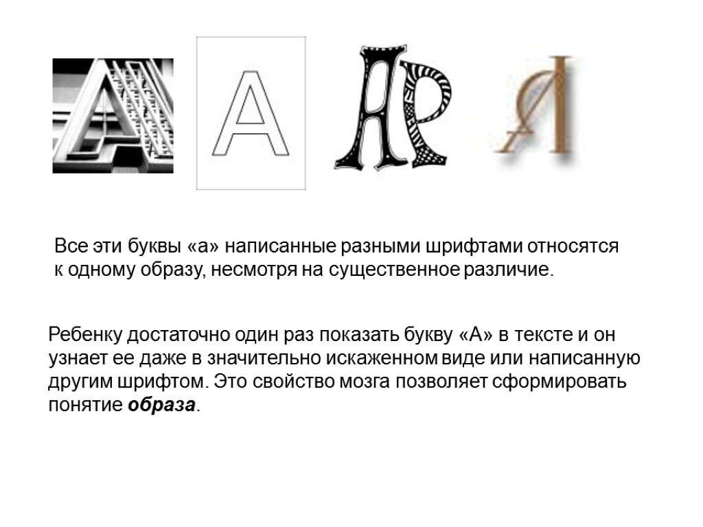 Все эти буквы «а» написанные разными шрифтами относятся к одному образу, несмотря на существенное